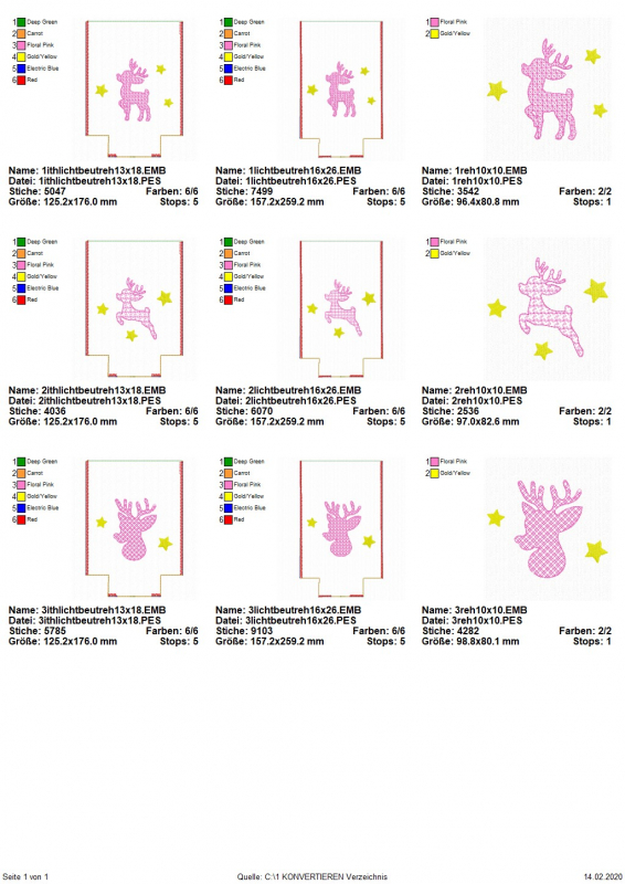Stickdatei Set ITH Lichterbeutel Reh 13x18 u. 16x26, Übersicht über 9 Dateien. 6 mal Lichtbeutel mit Sternchen und diversem Reh-/Rehkopfmotiv.3 Mal einzelnes Reh/Rehkopf mit jeweils Sternchen.