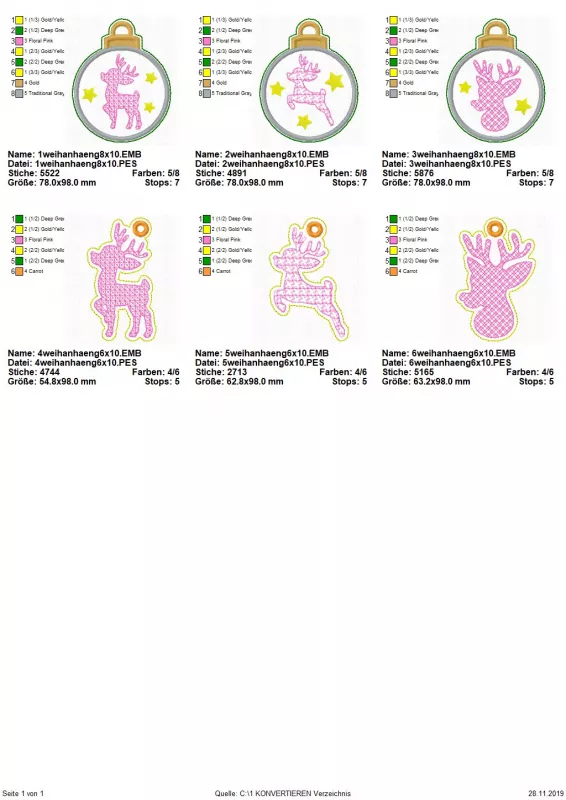 Stickdatei Set ITH Rehanhänger 10x10, Übersicht mit 6 Dateien für geöste Anhänger. 3 mal Reh-/Rehkopf mit ebensolchem Umriss; 3 mal runder Anhänger mit Sternchen und Reh/Rehkopf.