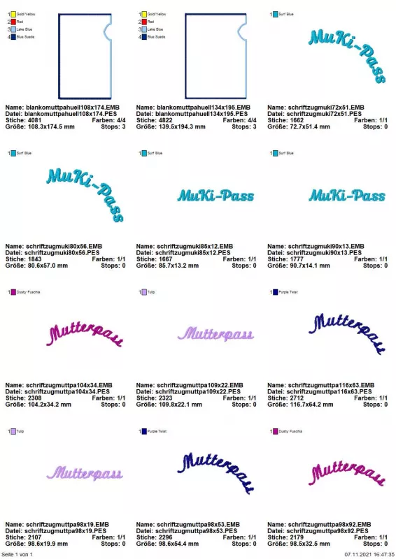 Stickdatei Set BLANKO ITH Mutterpasshüllen, Übersicht mit 12 Dateien. 2 mal für Blanko-Hülle; 10 mal Schriftzüge "MuKi-Pass", bzw. Mutterpass, linear oder bogenförmig.