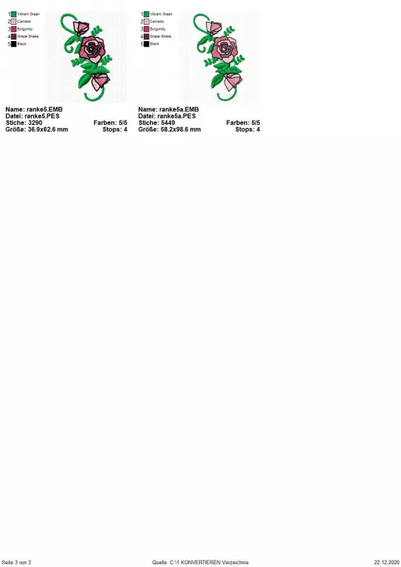 Stickdatei Set Blumenzahlen (Vollstick), Übersicht zeigt 2 Dateien. Jeweils Einzelmotiv Rosen-Blätter-Ranke.