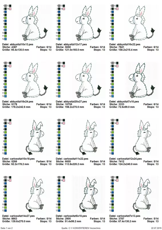 Stickdatei Set Donkey in Love Doodle Applikation in diversen Größen, Übersicht mit 12 Dateien. 6 mal sitzender Esel, Blick nach links; 6 mal sitzender Esel, Blick nach rechts.