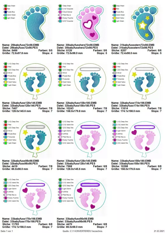 Stickdatei Set Stabdesigns zur Geburt, Übersicht mit 11 Dateien, dabei 3 mal einzelner Fuß, 8 mal Fußpaar im Luftballon.
Luftballons alle mit Einstecköse, Fußpaar pink oder blau darauf, umgeben von Herzen oder Sternen. Einzelfüße in blau, blau mit Sternen