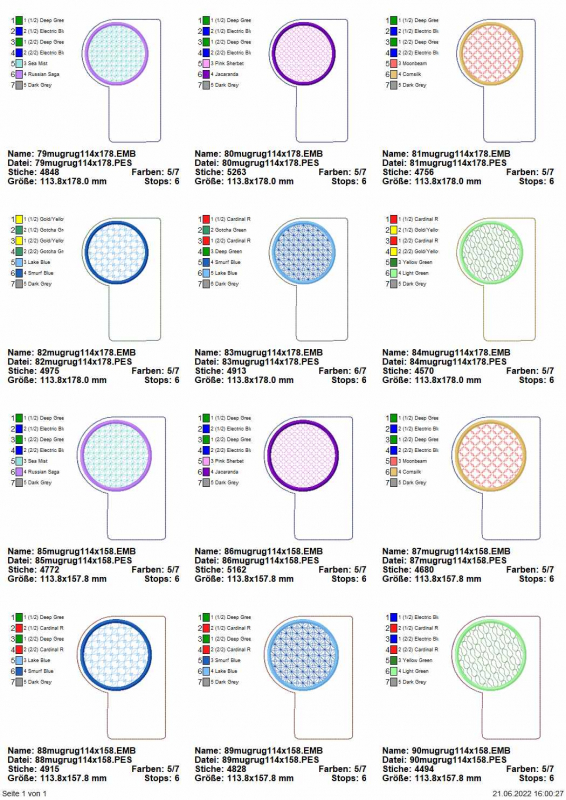 Übersicht Mugrugs mit einem Füllmuster im Tassenkreis. Set 1