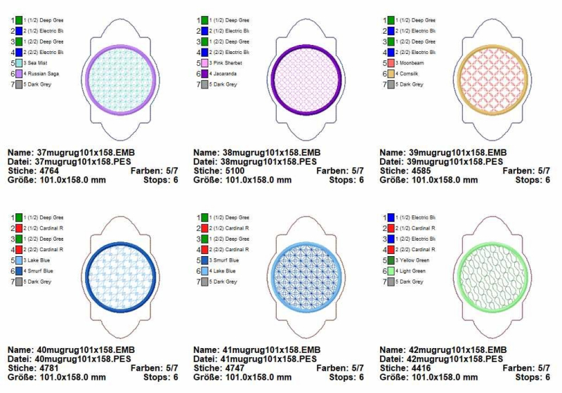 Stickdatei Set ITH Mug Rug 8 in der Übersicht mit 6 Varianten auf jeweils identischem langgezogenem Untergrund mit buchtartigem Umriss. Die kreisrunden Zentren weisen unterschiedliche Farben im Stickornament auf, sowie unterschiedliche Farben in der dick