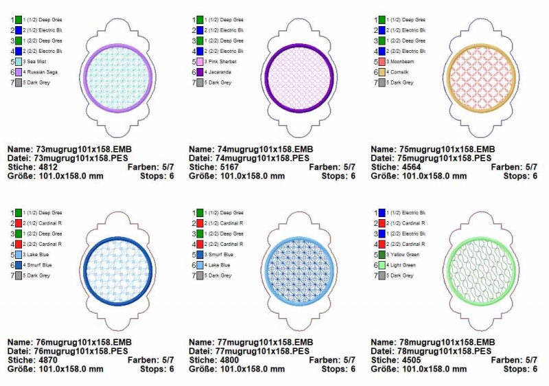 Stickdatei Set ITH Mug Rug 9, jeweils sechs Varianten auf länglich-ausgezogenem Untergrund mit zwei schnörkeligen Enden in der Übersicht. Die kreisrunden Zentren zeigen filigrane Ornamente in gitterartiger, wellenartiger und blütenartiger Stickerei unters