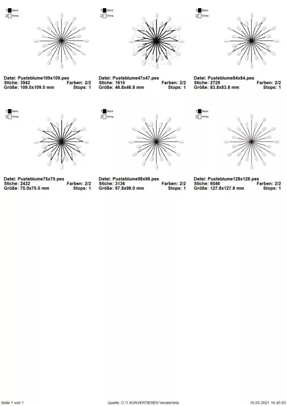 Stickdatei-Set Pusteblume, Übersicht mit 6 Dateien in differierender Ausfertigung.