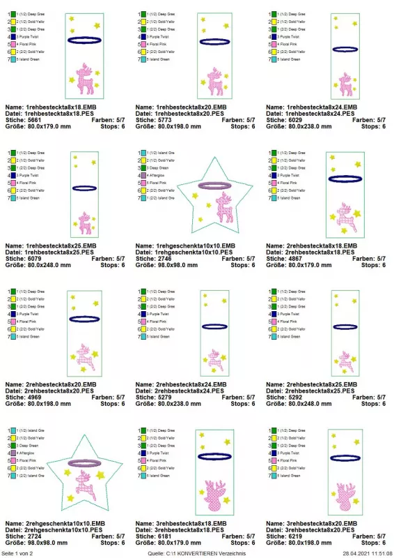 Stickdatei Set ITH Reh-Bestecktaschen inkl. Datei für eine Geschenktasche in Sternform, Datei mit 12 Übersichten. 10 mal längliche Bestecktaschen mit Sternen, Motive: diverse Rehe, Rehkopf. 2 mal Sterngeschenktasche mit Einstecköffnung, diverse Rehe.