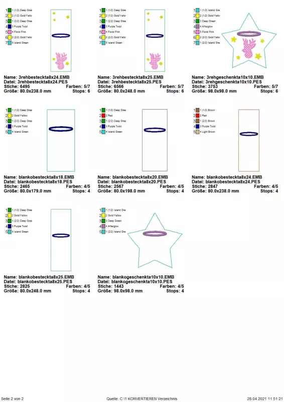 Stickdatei Set ITH Reh-Bestecktaschen inkl. Datei für eine Geschenktasche in Sternform, Datei mit 8 Übersichten. 6 mal längliche Bestecktaschen: Blanko, bzw. mit Sternchen und Motiv Rehkopf. 2 mal Sterngeschenktasche mit Einstecköffnung: 1 mal Blanko; 1 m