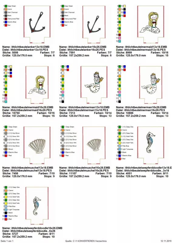 Stickdatei Set ITH Lichtbeutel Unterwasserwelt, Übersicht mit 10 Lichtbeutel-Dateien. 2 mal Anker; 2 mal Meerjungfrau; 2 mal Meermann; 2 mal Muschel; 2 mal Seepferdchen.