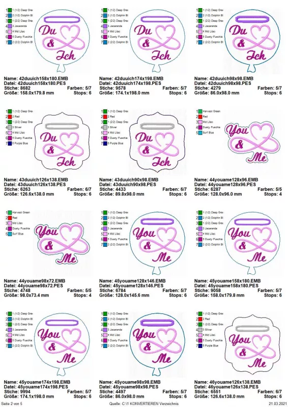 Stickdatei Set Liebe & Hochzeit - Stabdesigns, Übersicht zeigt 12 variable Designs. 7 mal Luftballon mit Herzstick, Einstecköse, Schriftzug "Du & Ich", bzw. "You & Me"; 3 mal Schnörkelrahmen mit Herz, Einstecköse, Schriftzug "Mr. & Mrs.", bzw. "You & Me";