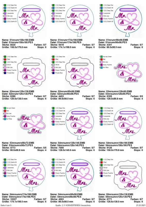 Stickdatei Set Liebe & Hochzeit - Stabdesigns, Übersicht zeigt 12 Designs. 2 mal Schnörkelherz, Aufschrift "Mr. & Mrs.". 10 Formate Luftballon mit Herz, bzw. Schnörkelrahmen mit Herz, alle mit Einstecköse und Aufschrift "Mr. & Mrs.".