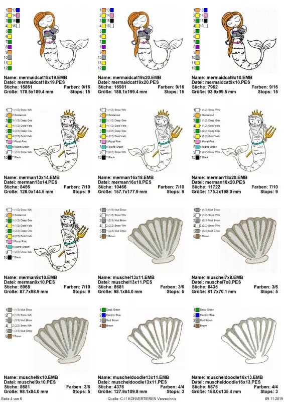 Stickdatei Set Unterwasserwelt, Übersicht über 12 Dateien. 3 mal Meerjungfrau; 4 mal Meermann; 5 mal Muschel.