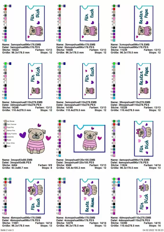 Stickdatei Set Valentinsmöpse ITH Geschenk- und Schokoladenhüllen, Übersicht mit 12 Designs. Einmal Mops im Jäckchen; 3 mal breite längliche Hüllen mit männlichem Mops und Schriftzügen "Für Dich"/"Für Euch"/"Bester Papa"; 3 mal längliche schmale Hüllen mi