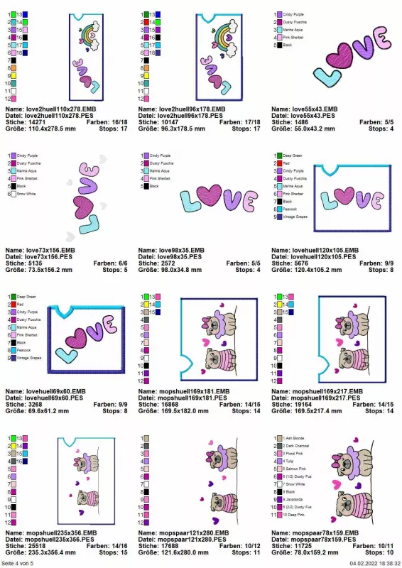 Übersicht für Stickdatei Set Valentinsmöpse ITH Geschenk- und Schokoladenhüllen Seite 2