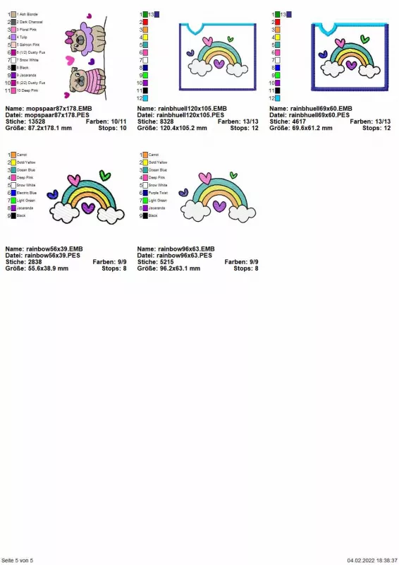 Übersicht für Stickdatei Set Valentinsmöpse ITH Geschenk- und Schokoladenhüllen Seite 3