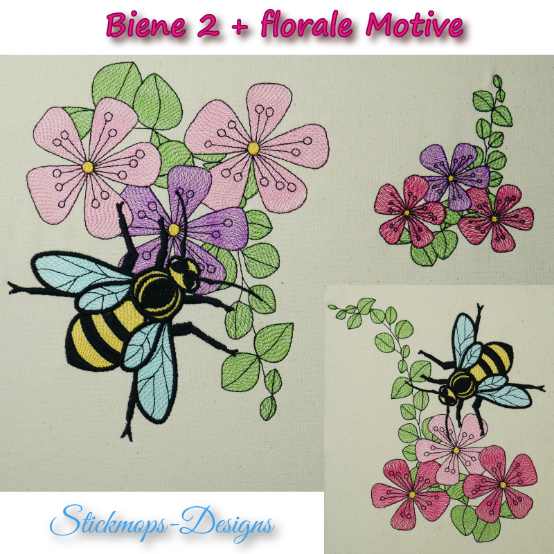 Stickdatei Biene 2 (div. Größen) Vollstick + Florale Motive
