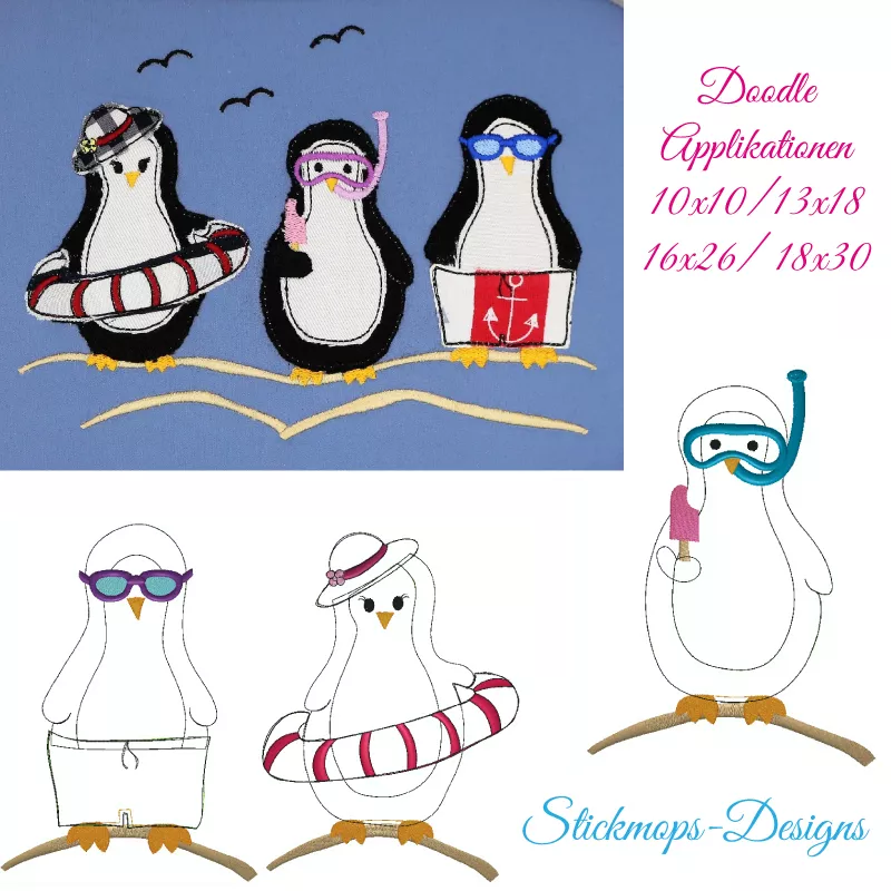 Stickdatei Set Pinguine als Doodle Applikation (div. Größen)