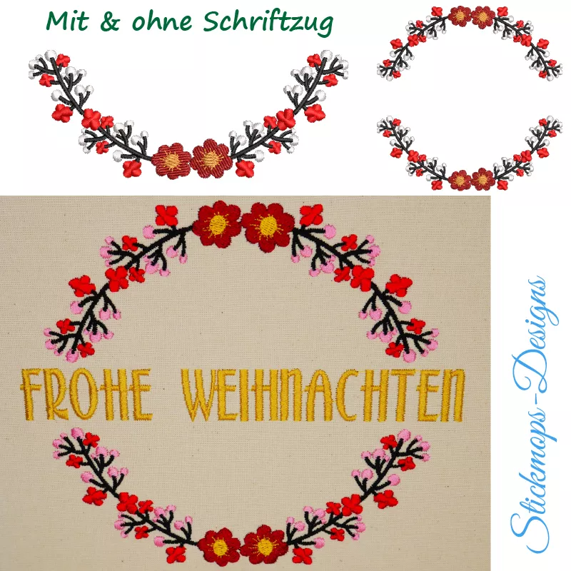 Stickdatei Set Blumenranke Blankodateien + mit Schriftzug Frohe Weihnachten (div. Größen)