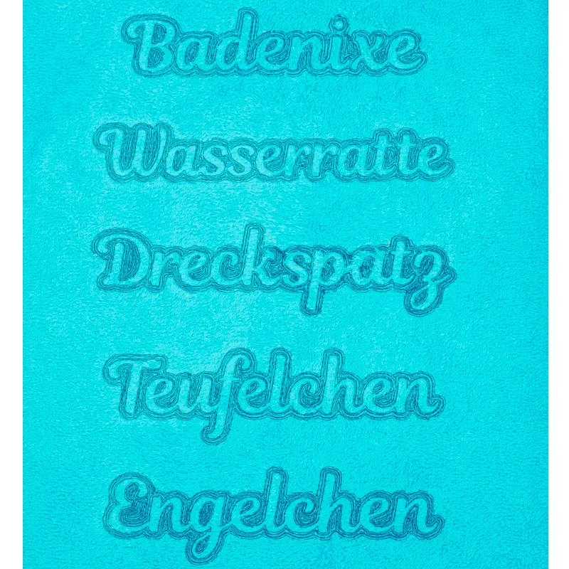 Stickdatei Set Embossed Schriftzüge für Handtücher z.B. Badenixe, Wasserratte, Dreckspatz, Teufelchen, Engelchen.