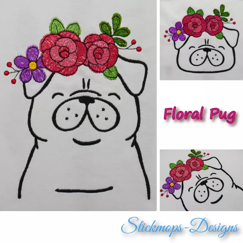 Stickdatei Set Floral Pug