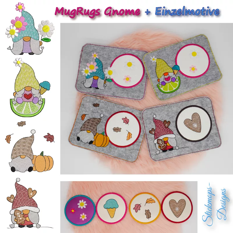Stickdatei Set Gnom Mug Rugs 4 Jahreszeiten + Einzelmotive Stickdatei Set Gnom Mug Rugs 4 Jahreszeiten + Einzelmotive