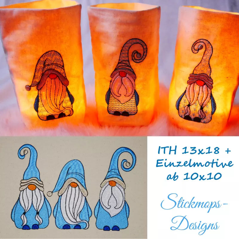 Stickdatei Set Gnomtrio - drei Gnome in Vollstick mit ITH-Lichtbeutel-Dateien (13x18) Stickdatei Set Gnomtrio - drei Gnome in Vollstick mit ITH-Lichtbeutel-Dateien (13x18)