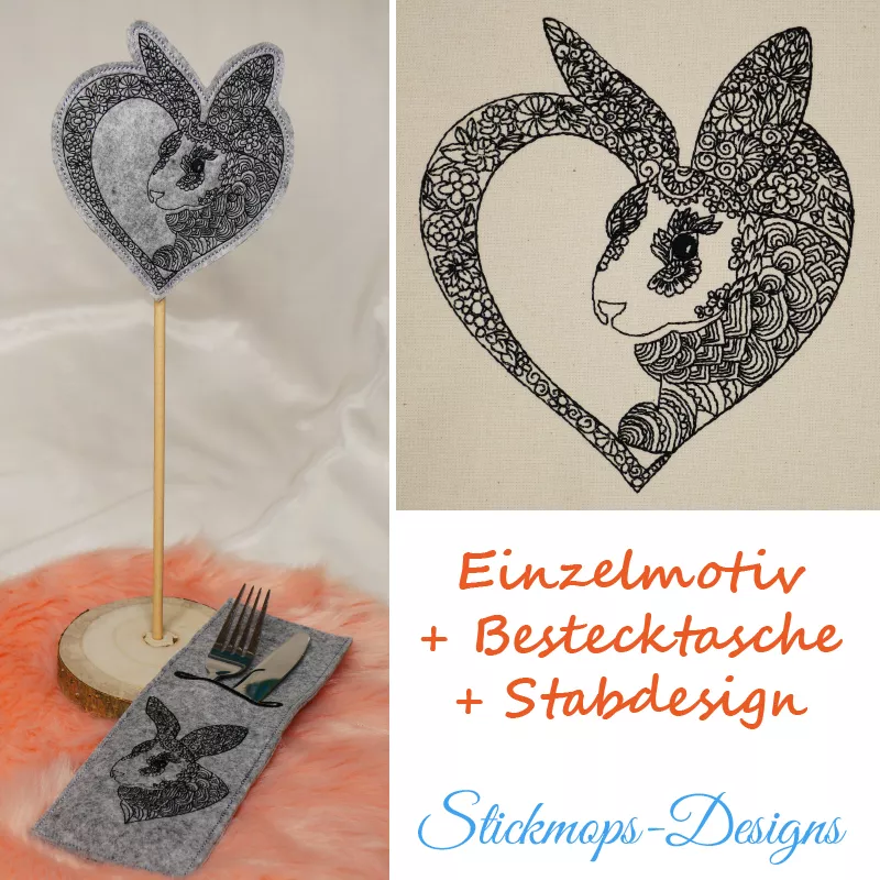 Stickdatei Set Hase mit Herz inkl. Dateien für Bestecktaschen und Stabdesign (div. Größen) Stickdatei Set Hase mit Herz inkl. Dateien für Bestecktaschen und Stabdesign (div. Größen)