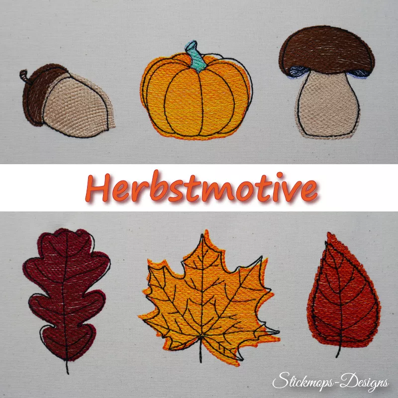 Ansicht gestickter Motive Eichel Kürbis Steinpilz Eichenblatt Ahornblatt Birkenblatt Ansicht gestickter Motive Eichel Kürbis Steinpilz Eichenblatt Ahornblatt Birkenblatt