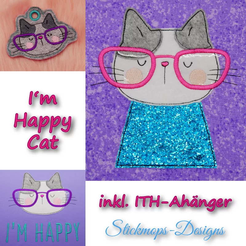 Stickdatei Set I'm Happy Cat Doodle Applikation inkl. ITH Anhänger