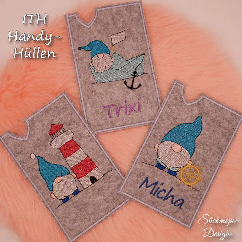 Stickdatei Set ITH Handyhüllen mit maritimen Gnomen Stickdatei Set ITH Handyhüllen mit maritimen Gnomen