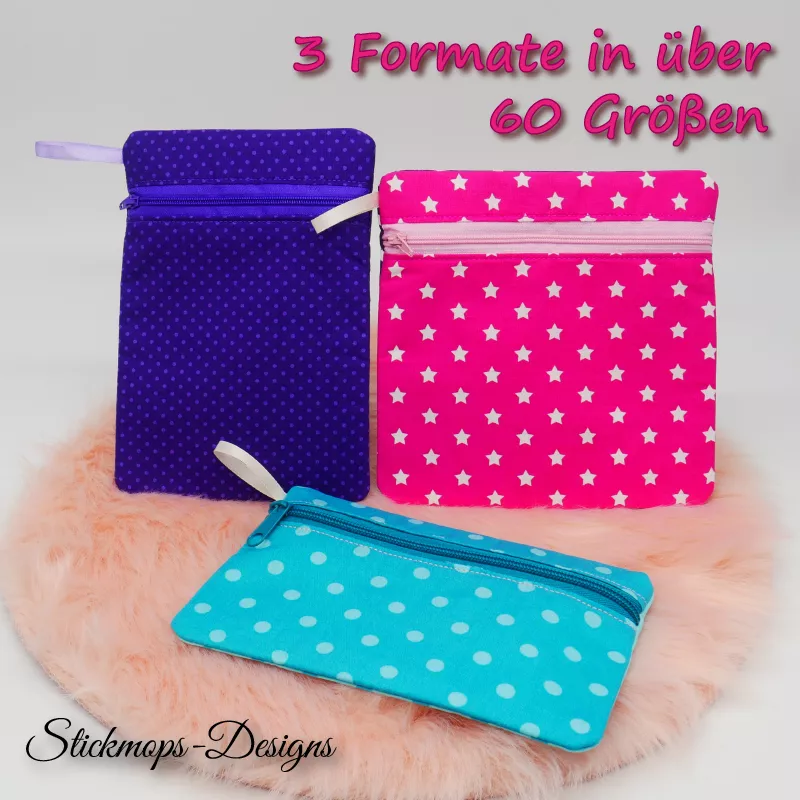 Stickdatei Set BLANKO ITH Taschen mit Reißverschluss über 60 Größen Stickdatei Set BLANKO ITH Taschen mit Reißverschluss über 60 Größen