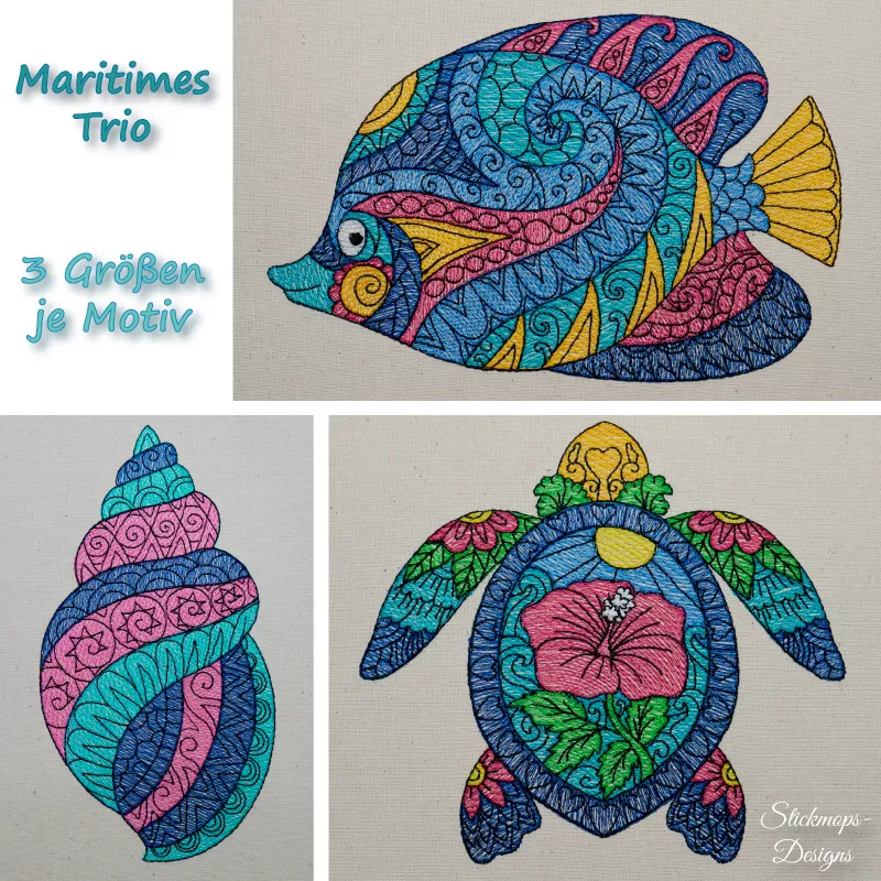 Stickdatei Set Martimes Trio Übersicht gestickter Motive Fisch Muschel und Schildkröte