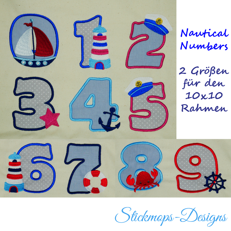 Stickdatei Set Maritime Zahlen (8 und 10 cm Höhe) mit süßen kleinen Meeresmotiven