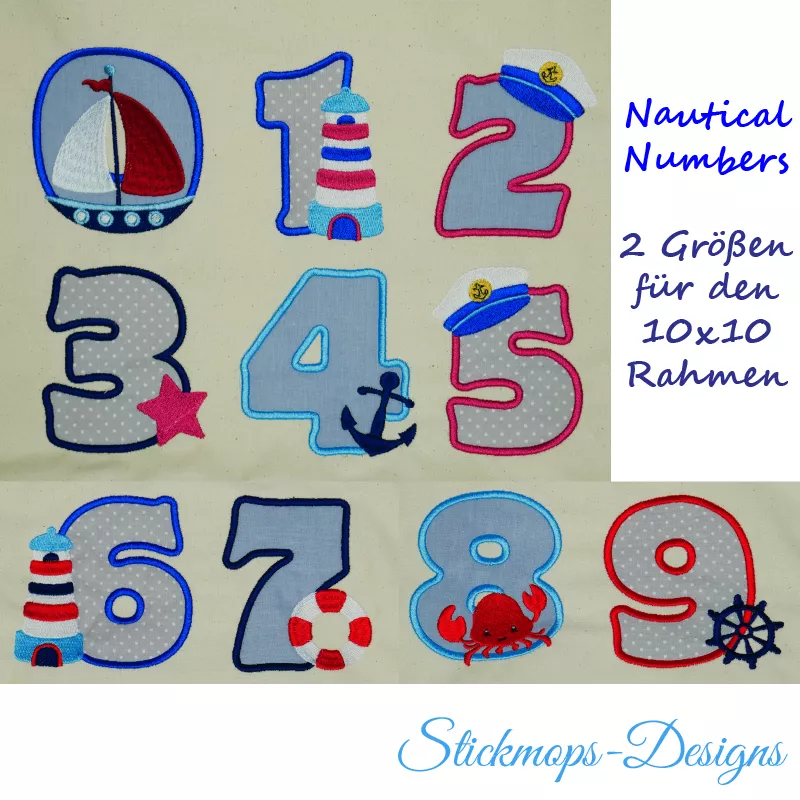 Stickdatei Set Maritime Zahlen (8 und 10 cm Höhe) mit süßen kleinen Meeresmotiven, Foto mit Motiven auf hellem Stoff. Diese bestehen aus einem Segelboot im Oval als Null und den Zahlen 1-9, wobei letztere je ein maritimes Symbol aufweisen (Leuchtturm; Kap