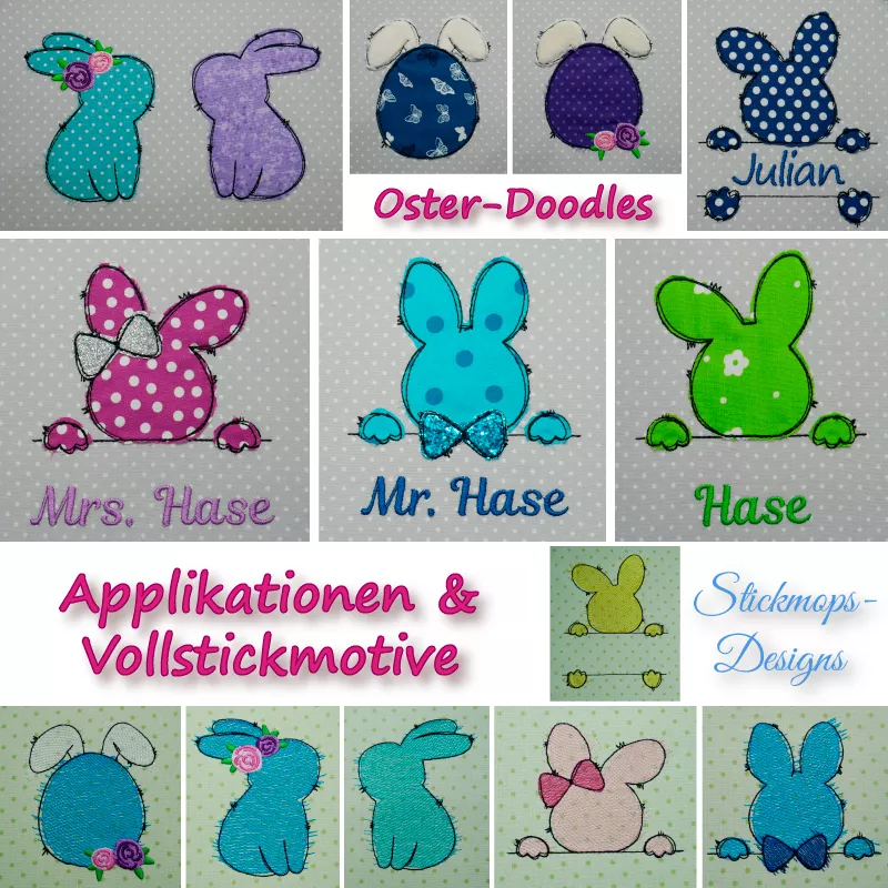 Stickdatei Set Oster-Doodles als Applikationen & Vollstick inkl. Schriftzüge