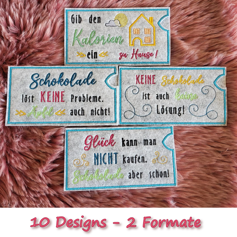 Stickdatei Set ITH Schokohüllen mit Sprüchen in 2 Größen Stickdatei Set ITH Schokohüllen mit Sprüchen in 2 Größen