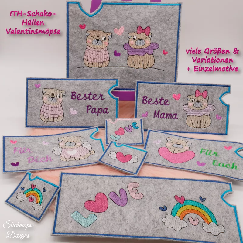 Stickdatei Set Valentinsmöpse ITH Geschenk- und Schokoladenhüllen