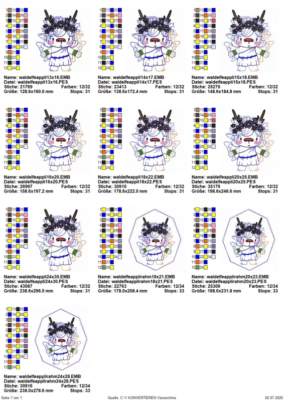Stickdatei Waldelfe Doodle Applikation in 10 Größen für Mädchen, Übersicht mit 10 Dateien. 7 mal Elfe; 3 mal Elfe auf achteckiger Rahmenfläche.