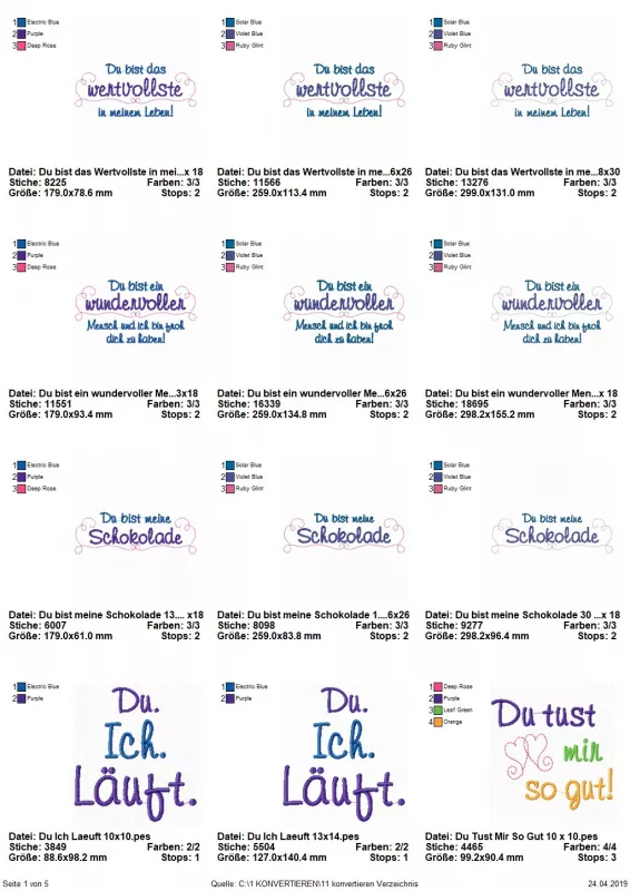 Stickdatei Set Weil ich Dich liebe! (Für 10x10, 13x18 und 18x30), Übersicht zeigt 12 Dateien, alles Schriftzüge, teilweise mit Verzierung: "Du. Ich. Läuft.", "Du tust mir so gut!", "Du bist das Wertvollste in meinem Leben!", "Du bist ein wundervoller Mens