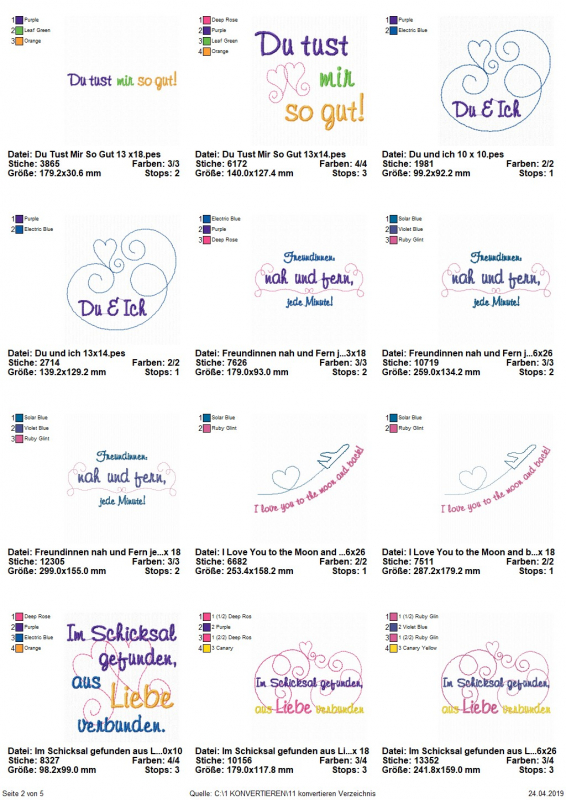 Stickdatei Set Weil ich Dich liebe! (Für 10x10, 13x18 und 18x30), Übersicht zeigt 12 Dateien. Schriftzüge, teilweise mit Verzierung: "Du. Ich. Läuft.", "Du tust mir so gut!", "Du & Ich", "Freundinnen nah und fern, jede Minute", "I love you to the moon and Stickdatei Set Weil ich Dich liebe! (Für 10x10, 13x18 und 18x30), Übersicht zeigt 12 Dateien. Schriftzüge, teilweise mit Verzierung: "Du. Ich. Läuft.", "Du tust mir so gut!", "Du & Ich", "Freundinnen nah und fern, jede Minute", "I love you to the moon and