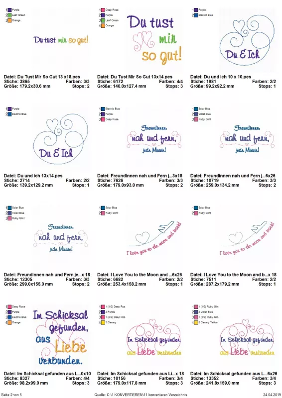 Stickdatei Set Weil ich Dich liebe! (Für 10x10, 13x18 und 18x30), Übersicht zeigt 12 Dateien. Schriftzüge, teilweise mit Verzierung: "Du. Ich. Läuft.", "Du tust mir so gut!", "Du & Ich", "Freundinnen nah und fern, jede Minute", "I love you to the moon and