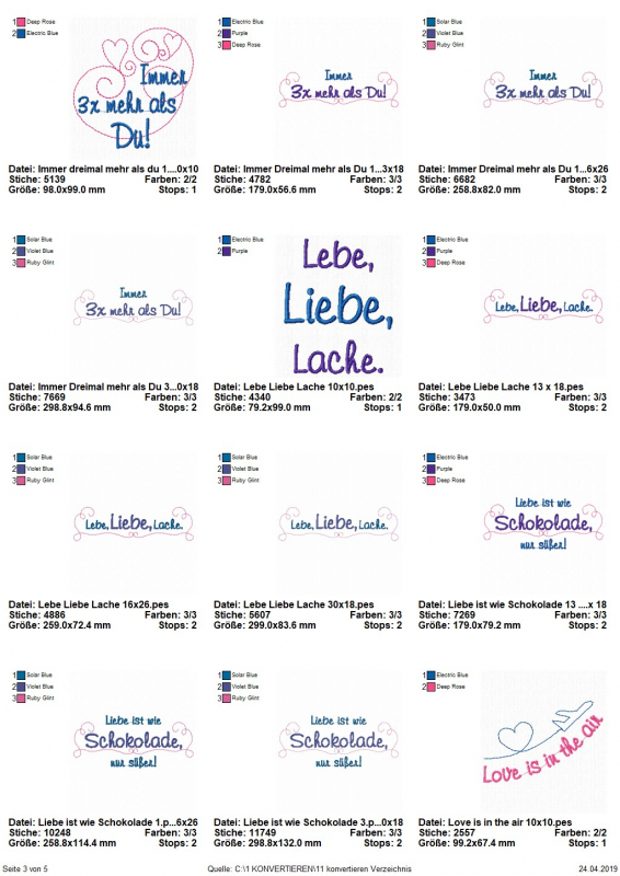 Stickdatei Set Weil ich Dich liebe! (Für 10x10, 13x18 und 18x30), Übersicht mit 12 Dateien. Schriftzüge, teilweise mit Verzierung. "Immer 3x mehr als Du", "Lebe, Liebe, Lache", "Liebe ist wie Schokolade, nur süßer", "Love is in the air". Stickdatei Set Weil ich Dich liebe! (Für 10x10, 13x18 und 18x30), Übersicht mit 12 Dateien. Schriftzüge, teilweise mit Verzierung. "Immer 3x mehr als Du", "Lebe, Liebe, Lache", "Liebe ist wie Schokolade, nur süßer", "Love is in the air".