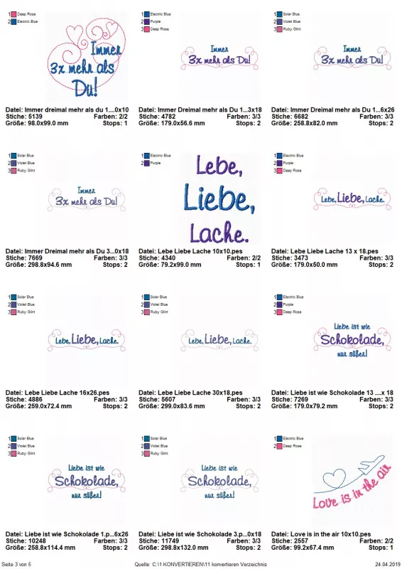 Stickdatei Set Weil ich Dich liebe! (Für 10x10, 13x18 und 18x30), Übersicht mit 12 Dateien. Schriftzüge, teilweise mit Verzierung. "Immer 3x mehr als Du", "Lebe, Liebe, Lache", "Liebe ist wie Schokolade, nur süßer", "Love is in the air".