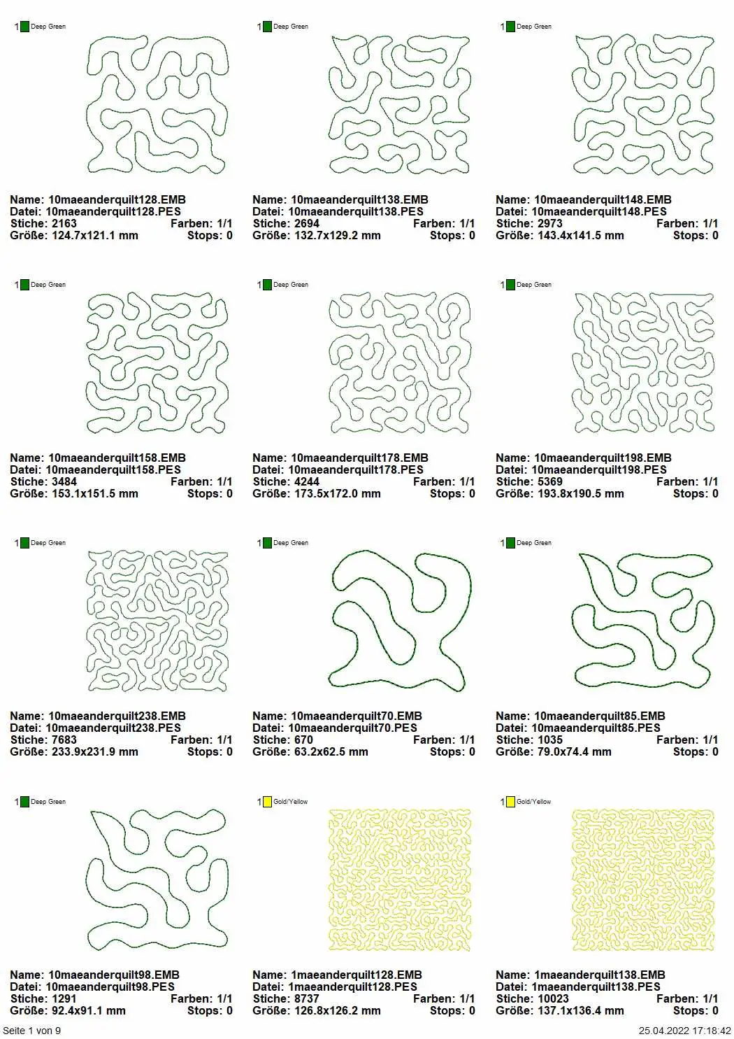 Stickdatei Set Quiltblocks Vol. I - Basics Mäanderfüllung 10 Größen je 10 Designs Seite 1