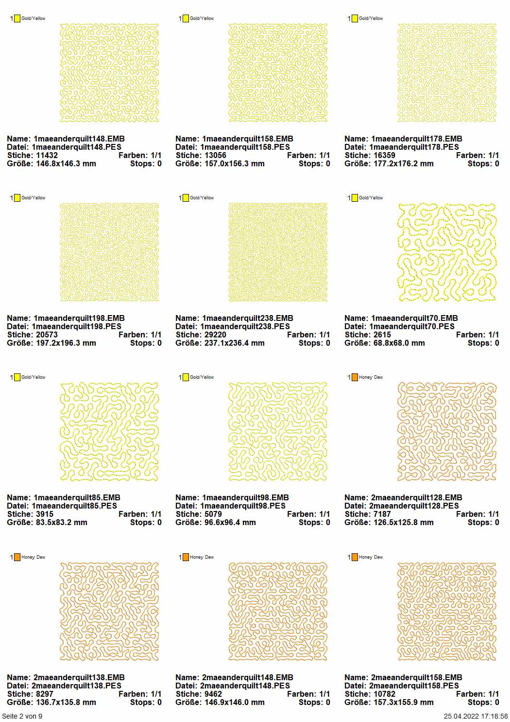 Stickdatei Set Quiltblocks Vol. I - Basics Mäanderfüllung 10 Größen je 10 Designs Seite 2