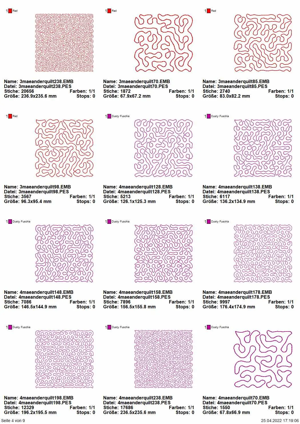 Stickdatei Set Quiltblocks Vol. I - Basics Mäanderfüllung 10 Größen je 10 Designs Seite 4