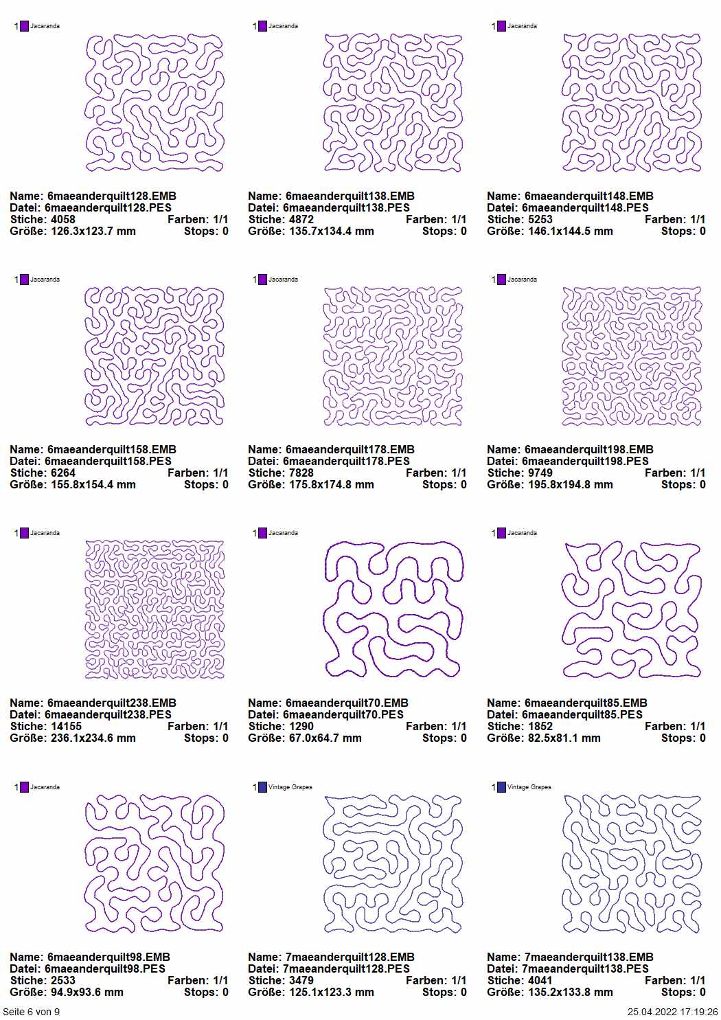 Stickdatei Set Quiltblocks Vol. I - Basics Mäanderfüllung 10 Größen je 10 Designs Seite 6