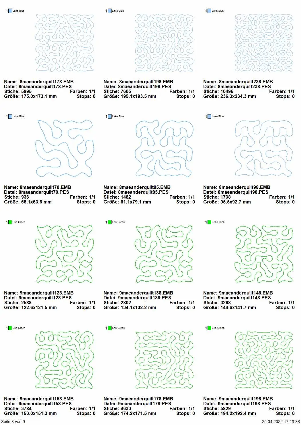 Stickdatei Set Quiltblocks Vol. I - Basics Mäanderfüllung 10 Größen je 10 Designs Seite 8