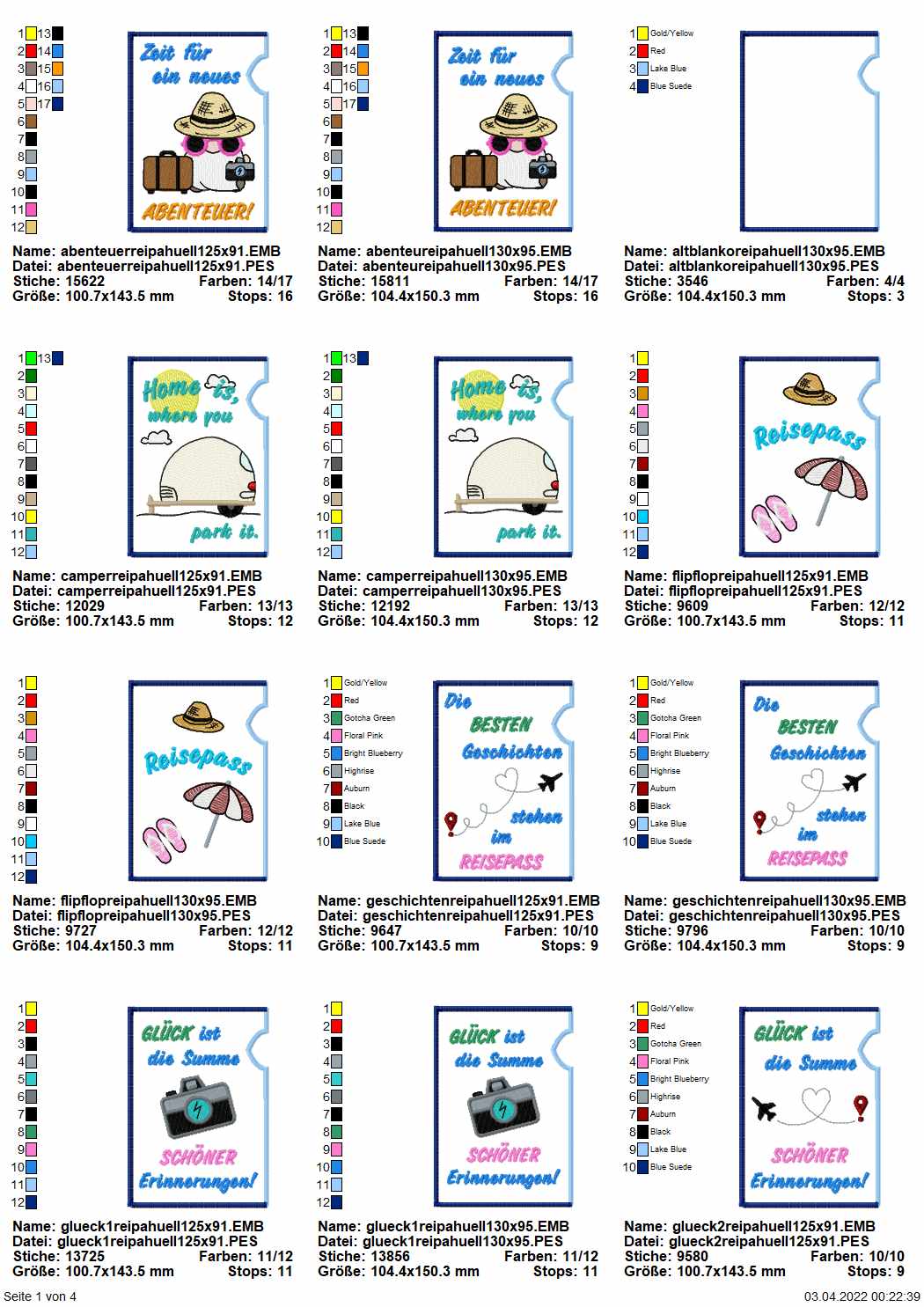 Stickdatei Set ITH Reisepasshüllen (13x18) + Einzelmotive Seite 1