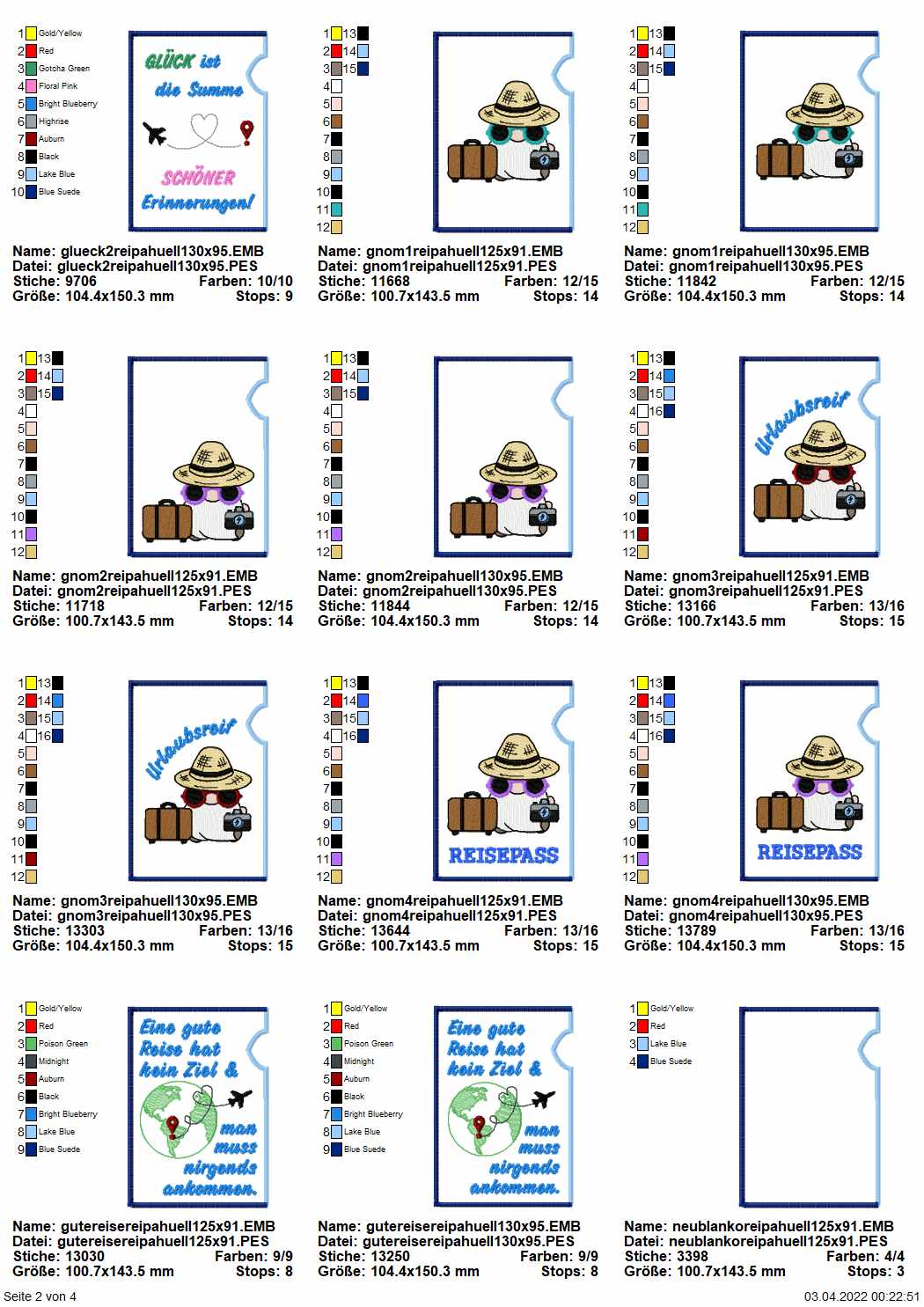 Stickdatei Set ITH Reisepasshüllen (13x18) + Einzelmotive Seite 2